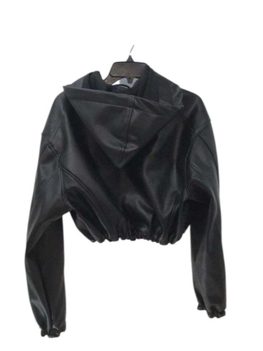 KHY Oversized Black Faux Leather Hooded Bomber Jacket Sz M - Picture 14 of 14